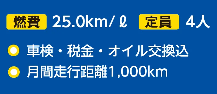 燃費25.0km/ℓ　定員4人　車検・税金・オイル交換込　月間走行距離1,000km