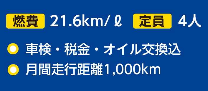 燃費21.6km/ℓ　定員4人　車検・税金・オイル交換込　月間走行距離1,000km