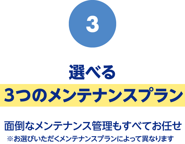 3・選べる３つのメンテナンスプラン 面倒なメンテナンス管理もすべてお任せ※お選びいただくメンテナンスプランによって異なります